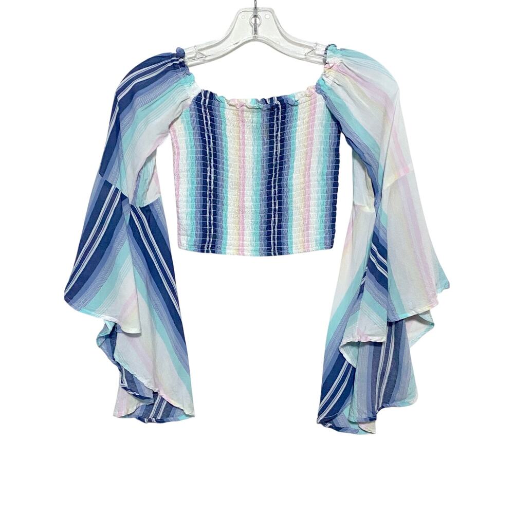 Surf Gypsy Boho Hippie Smocked Crop Top L Flowy Bell Sleeves Coastal Beachy Y2K